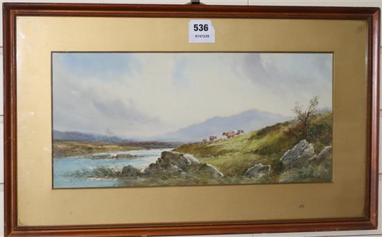 F Pearson, watercolour, cattle in landscape, signed, 20 x 43cm